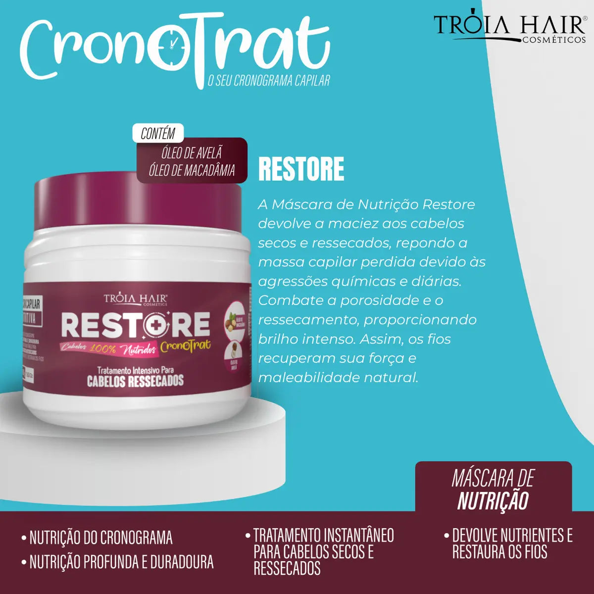 Masque Huiles Macadamia et Noisette Restore Cronotrat 500g - Troia Hair